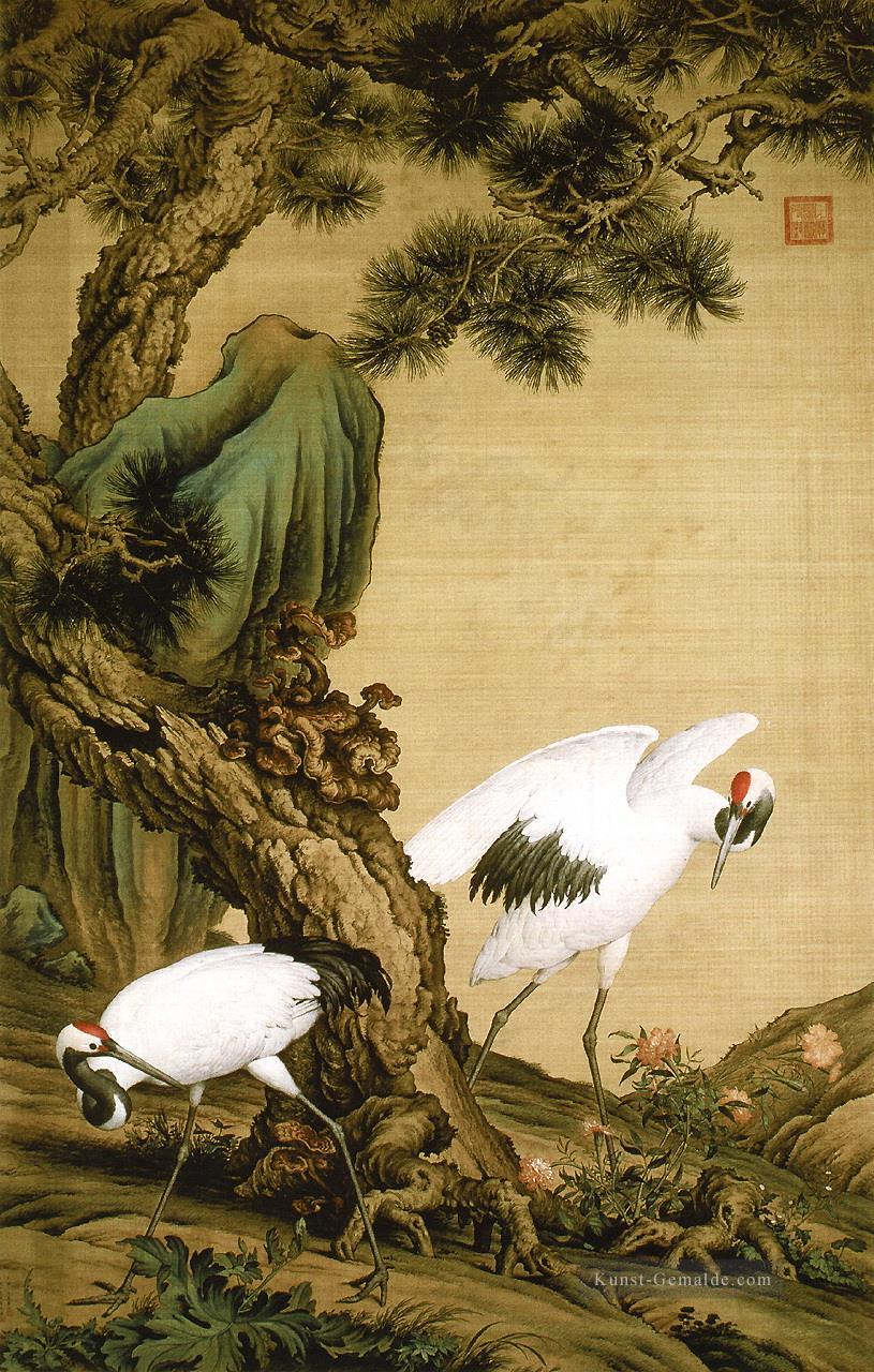 Lang glänzt zwei Kraniche unter Kiefernholz alte China Tinte Giuseppe Castiglione Vögel Ölgemälde